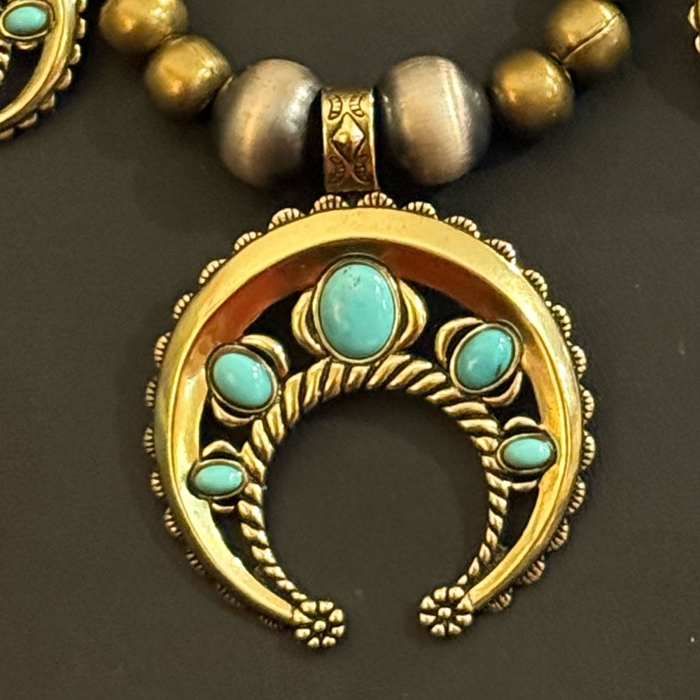Carolyn Pollack Brass & Sterling Silver Navajo Pearls Squash Blossom Necklace - Picture 4 of 15